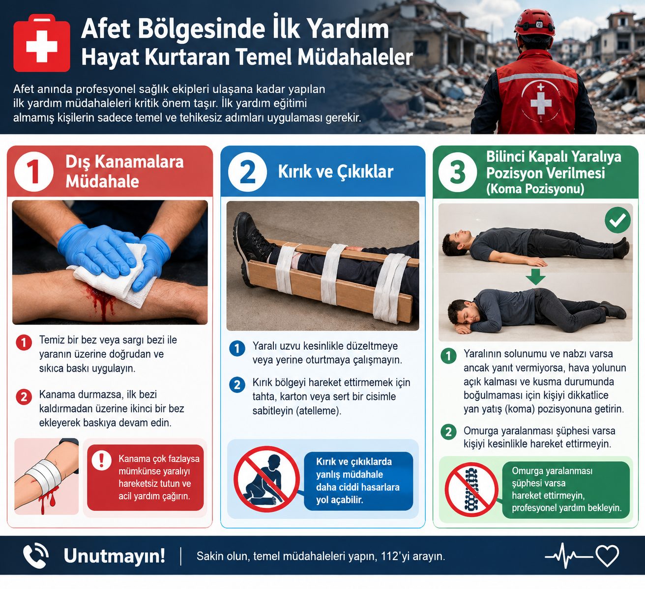 Afet bölgesinde ilk yardım: hayat kurtaran temel müdahaleler infografiği