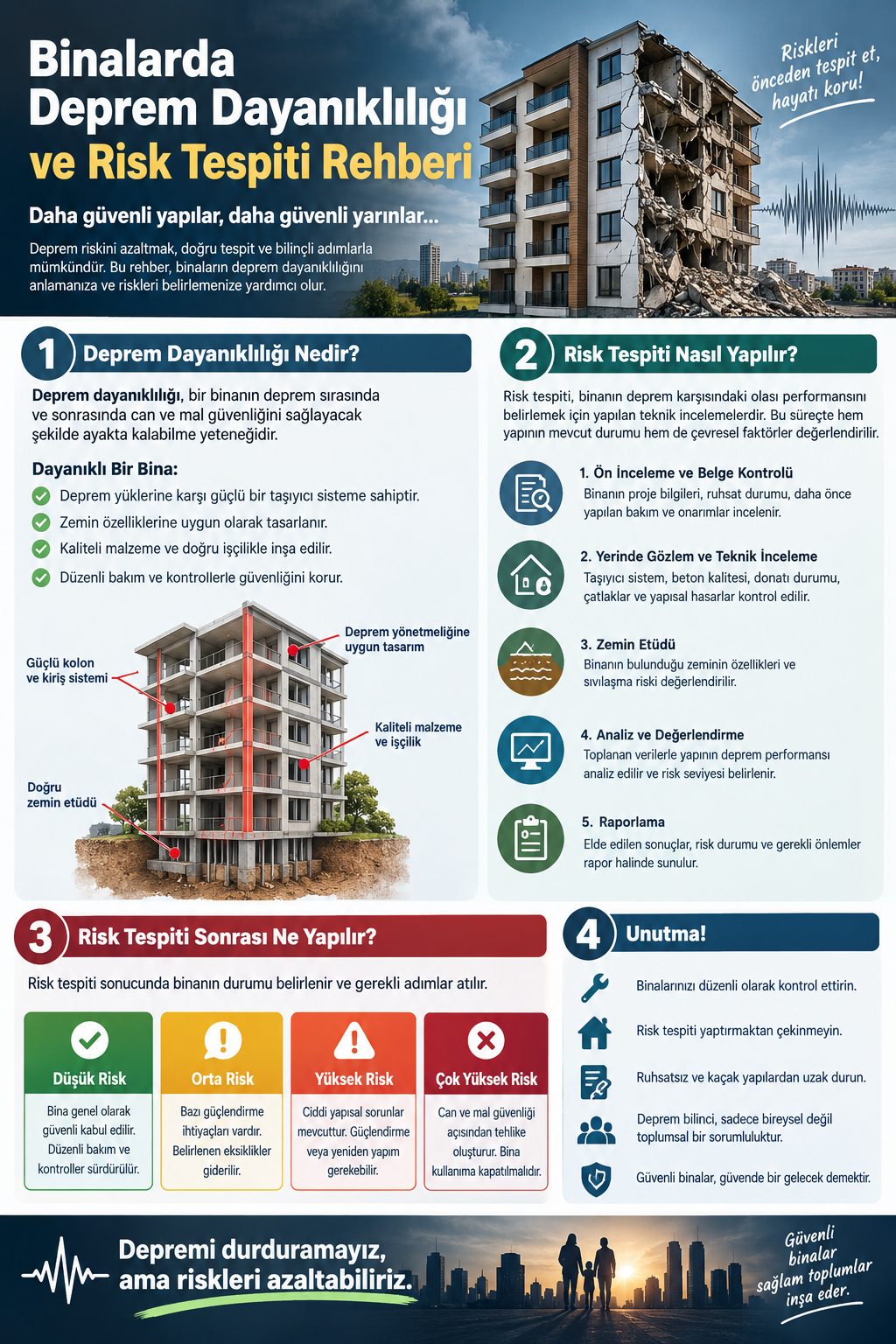 Binalarda deprem dayanıklılığı ve risk tespiti rehberi infografiği
