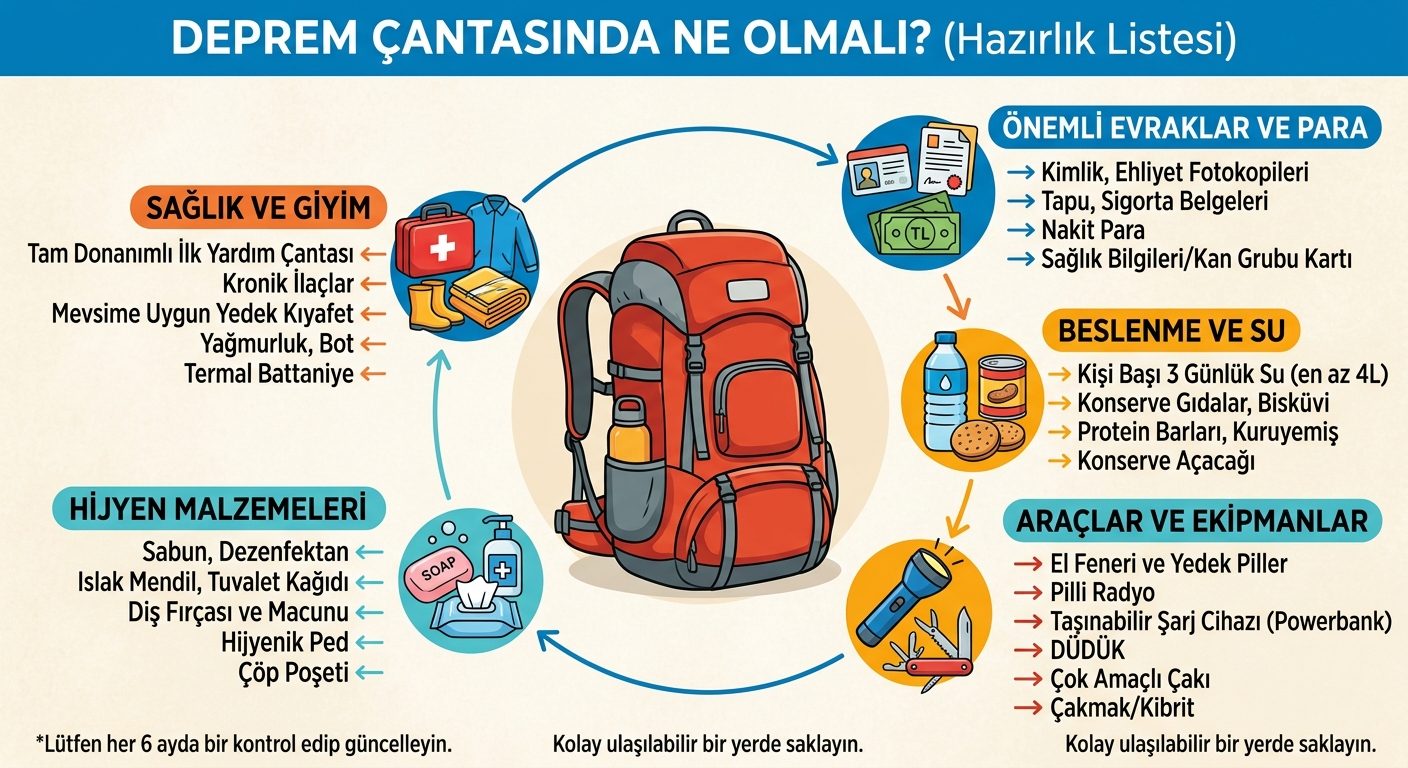 Deprem çantası hazırlık listesi: önemli evraklar ve para, beslenme ve su, araçlar ve ekipmanlar, hijyen malzemeleri, sağlık ve giyim kategorileri