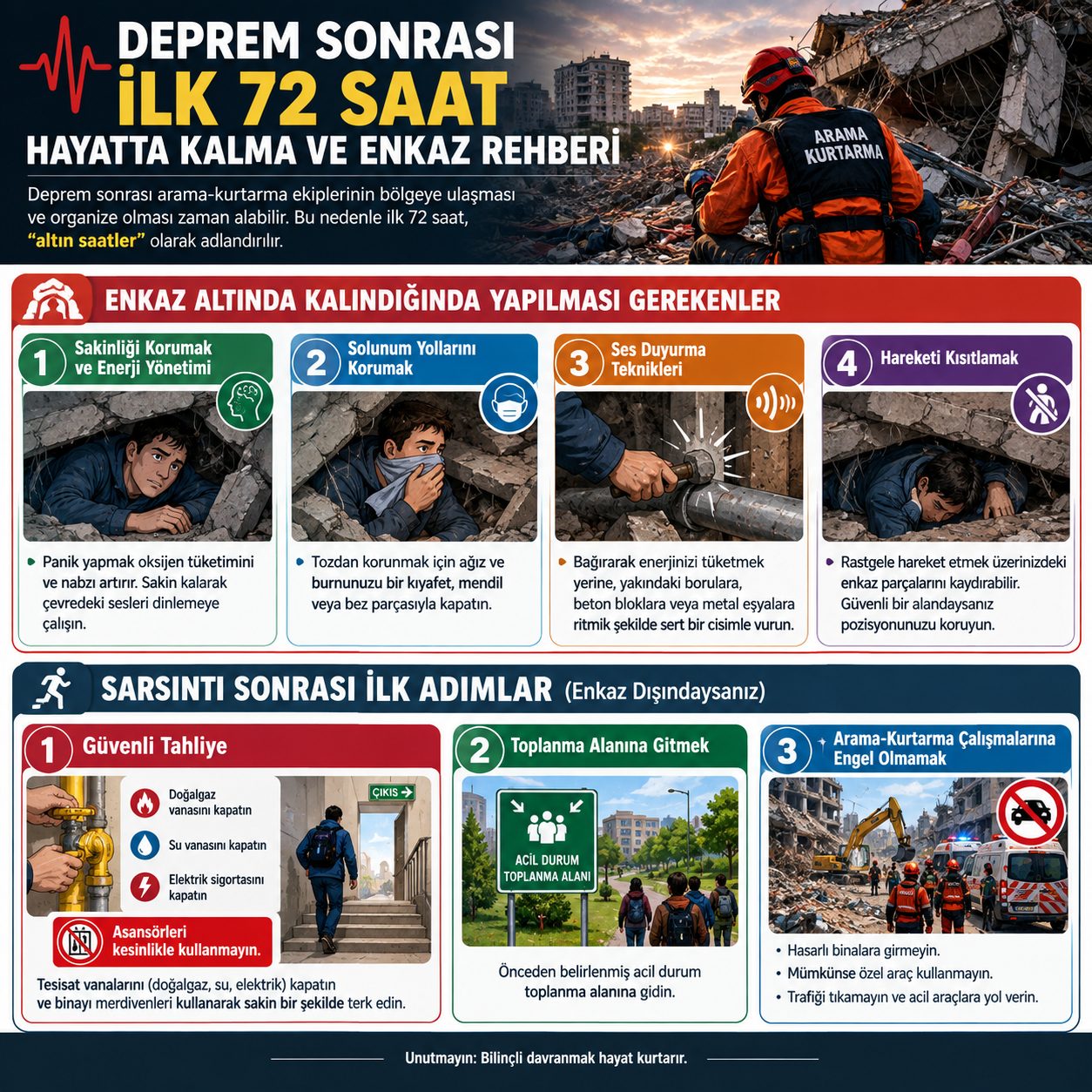 Deprem sonrası ilk 72 saat hayatta kalma ve enkaz rehberi infografiği