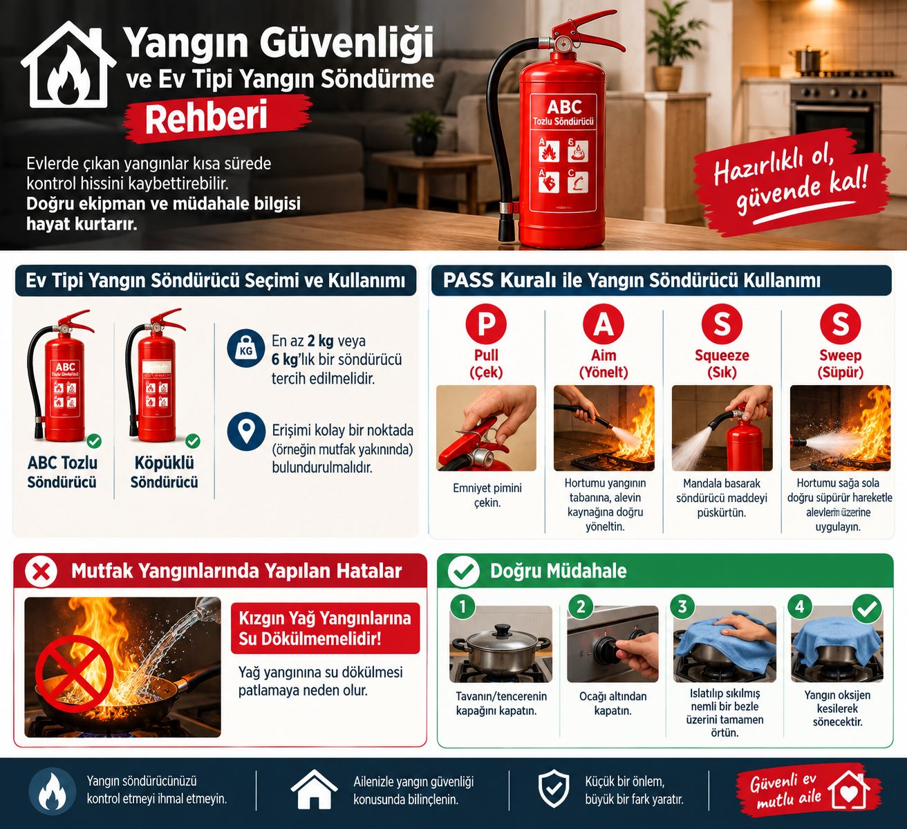 Yangın güvenliği ve ev tipi yangın söndürme rehberi infografiği