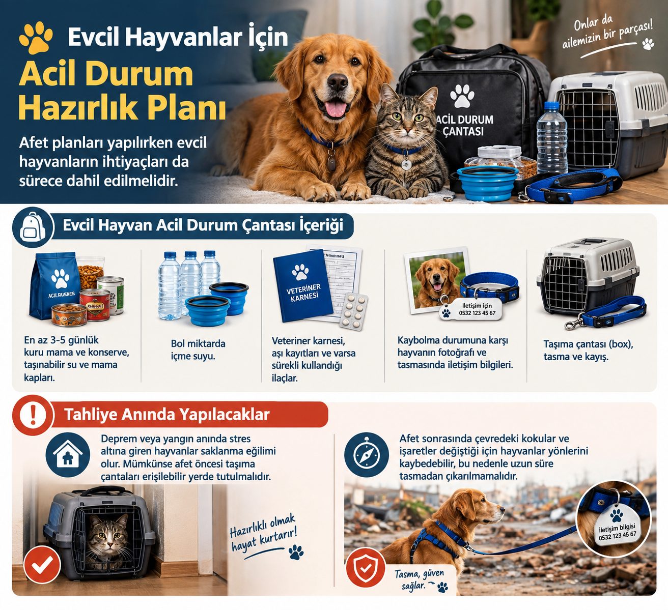 Evcil hayvanlar için acil durum hazırlık planı infografiği