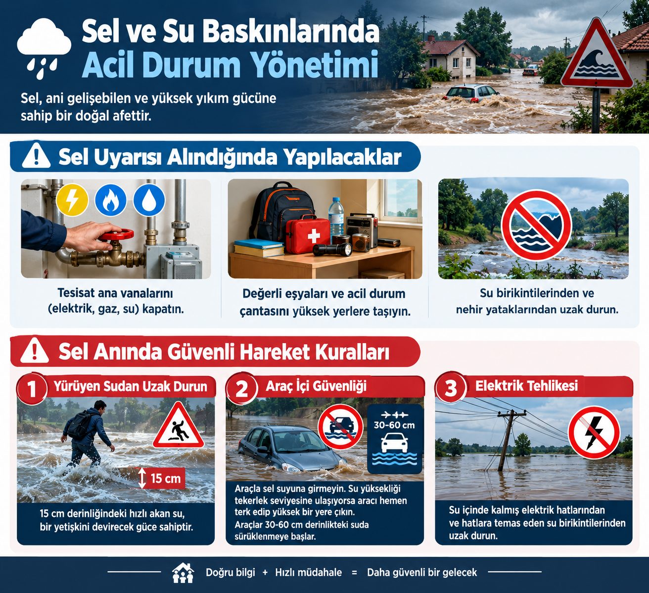 Sel ve su baskınlarında acil durum yönetimi infografiği